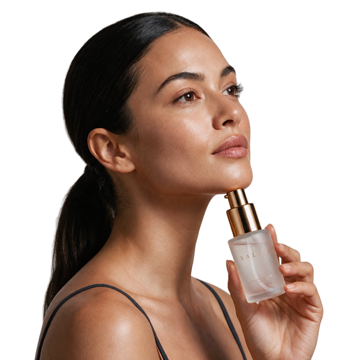 Model with Salar Skin bottle, on a soft pink background